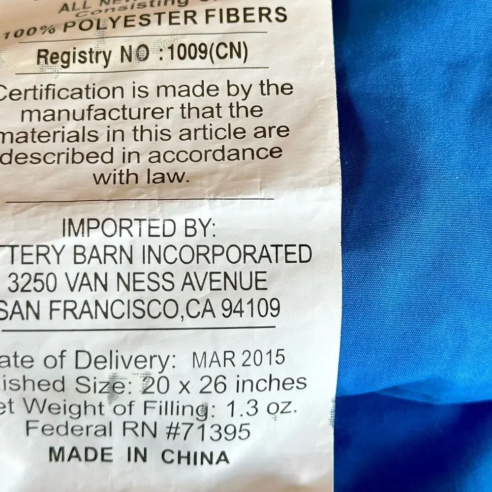 Pottery Barn Teen Pillow Sham, Blue Quilted Padded Standard Case 20x26